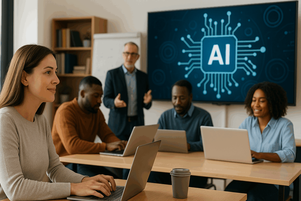 Docenten volgen AI-geletterdheid workshop in moderne klaslokaal met laptops en AI-scherm