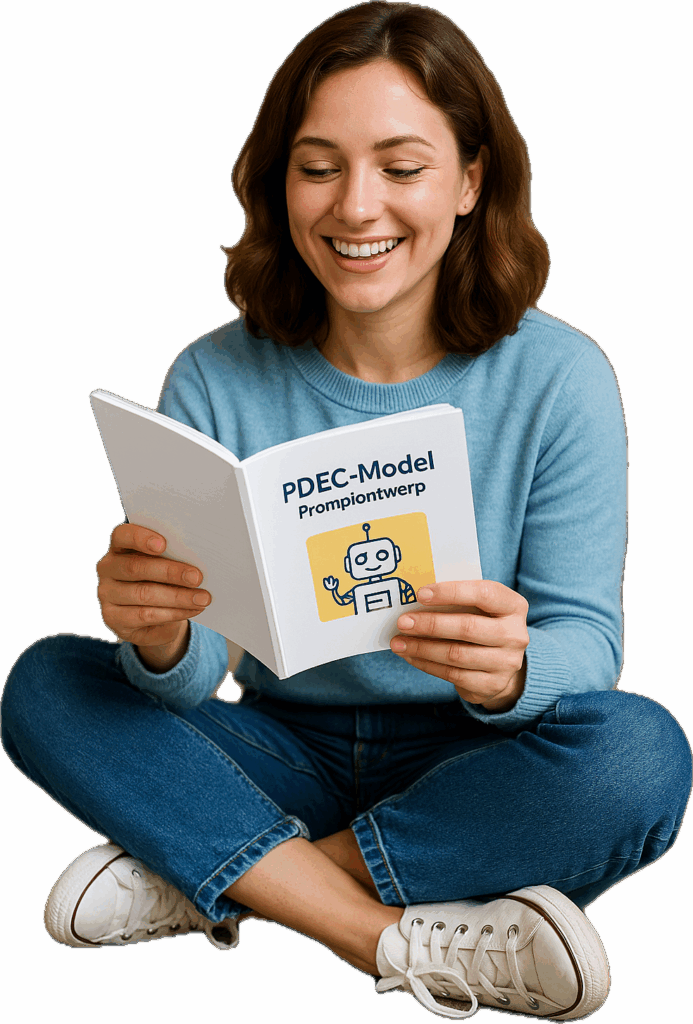 Vrouw leest PDEC-model promptontwerp-boekje zittend in kleermakerszit.